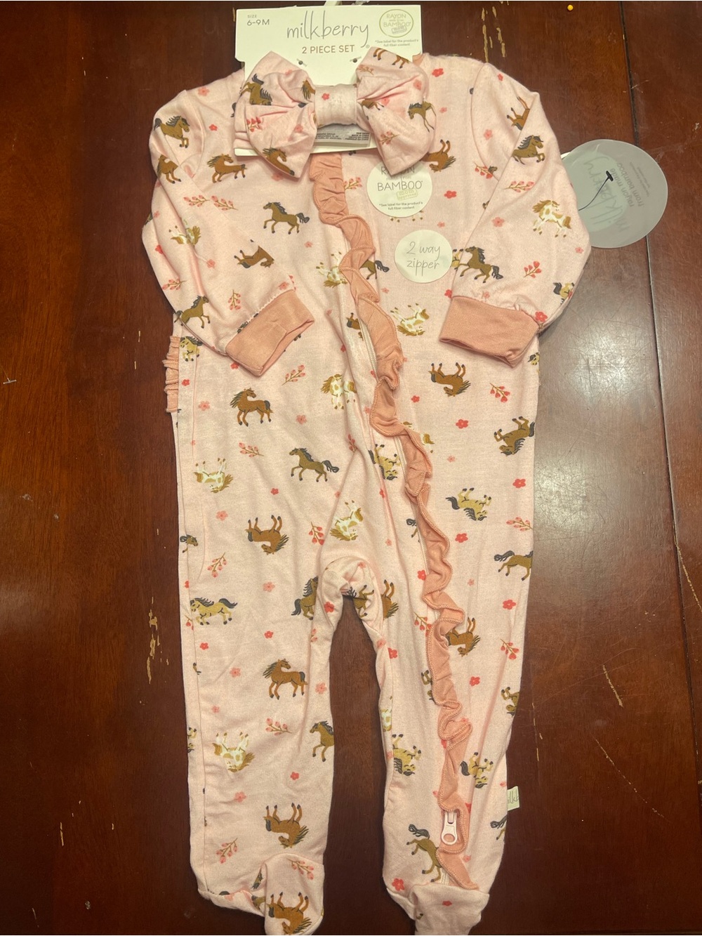 Milkberry Pink Horse Print Ruffle Footie One-Piece